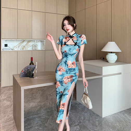 A beautiful woman in a stylish qipao dress with modern design elements
