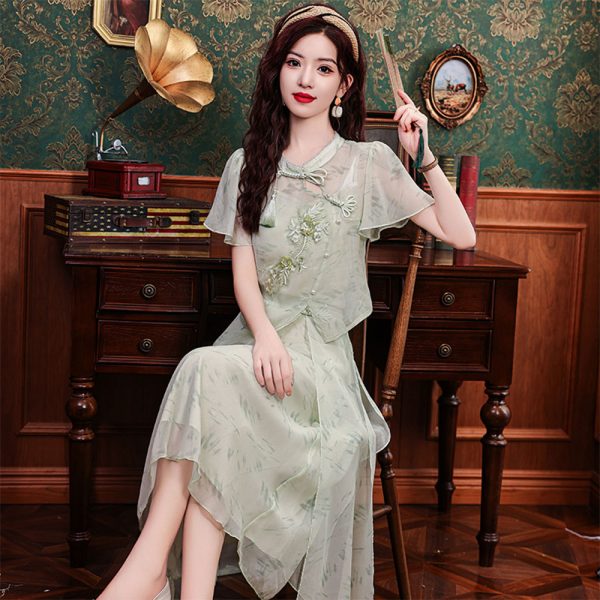 Back view of embroidered qipao top and skirt outfit for women