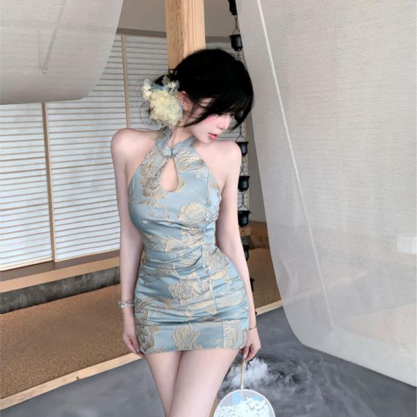 Elegant backless qipao dress for women with a contemporary design.