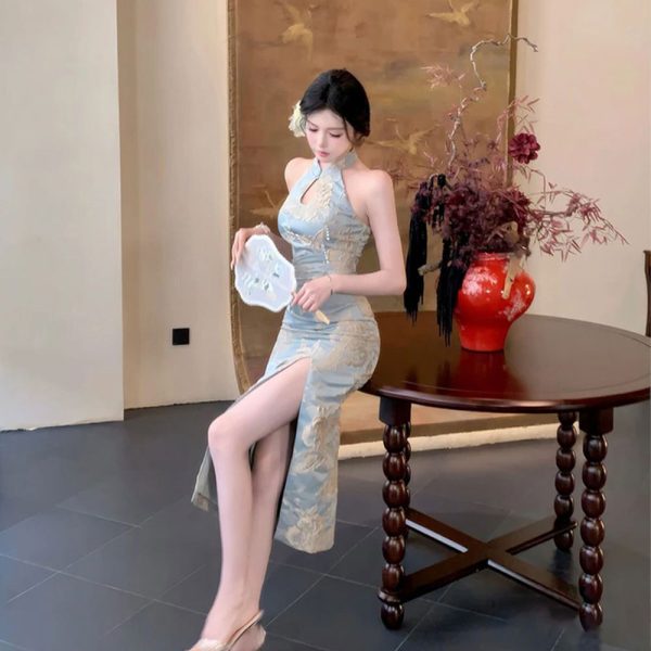 Sexy backless qipao dress for women with a modern halter design.