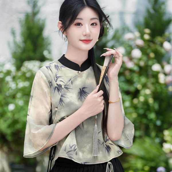 New Chinese style Hanfu-inspired qipao top with ink bamboo print